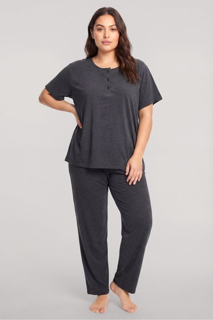 Plus Size Buttoned Short Sleeve Pajama Set Anthracite