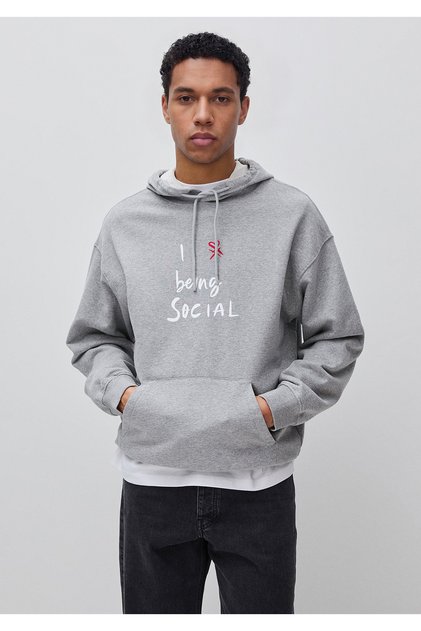 Men's Gray Melange 100% Cotton Graphic Printed Hooded Sweatshirt