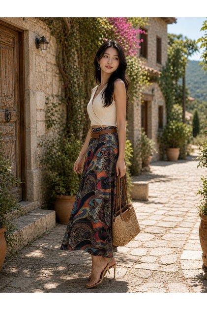 Vintage Patterned Midi Skirt – High Waist, Belted, Flowy Fabric