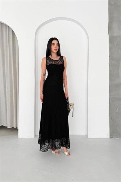 Women's Black Transparent Detailed Full Length Lined Lace Dress Nbk4619
