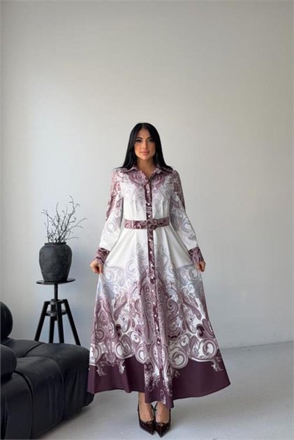 Women's Purple Shirt Collar Belt Detailed Patterned Design Dress Nbms2648