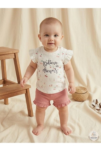 Baby Girl Cherry Patterned Ruffled Combed Cotton Set - Set of 2