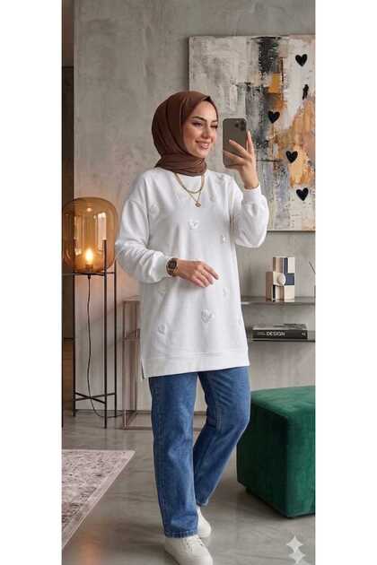 Sequin Embroidered Heart Patterned Women's Hijab Tunic-Sweatshirt