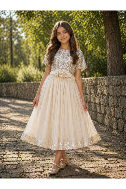 Girl's Evening Dress Sequin Embroidered Top with Tulle Skirt and Flower Belt Wedding Party Birthday Dress
