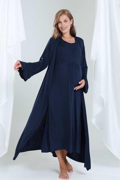 New Season Navy Blue Summer Flounced Short Sleeve Special Design Full Length Maternity Nightgown Set