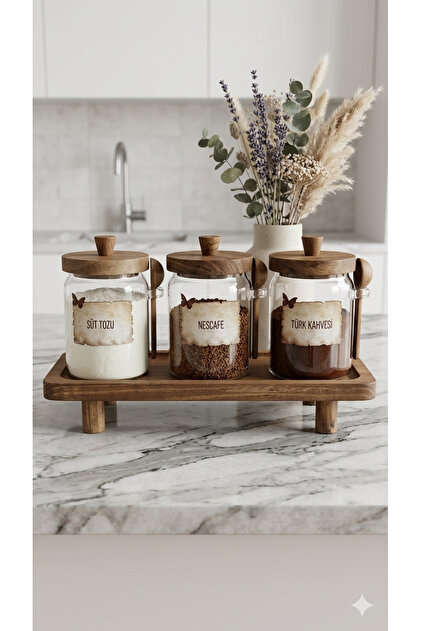 Set of 3 Glass Jars with Wooden Spoons and Vacuum Lids, Set with Wooden Stand