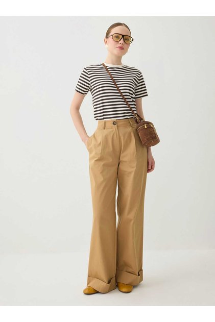 Double Leg Detailed High Waist Trousers - Camel -