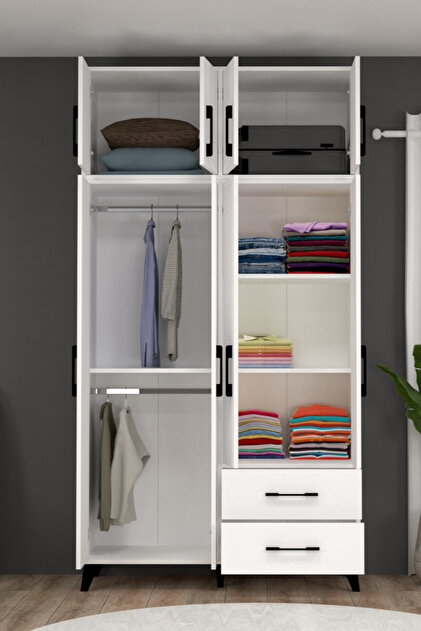 MOBİLİQUE Ediz Dört Kapaklı İki Çekmeceli Beyaz Gardırop XL