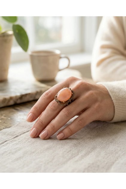 Bronze Vintage Women's Ring Authentic Jewelry Margazite Inlaid Agate Oval Stone Adjustable Ring