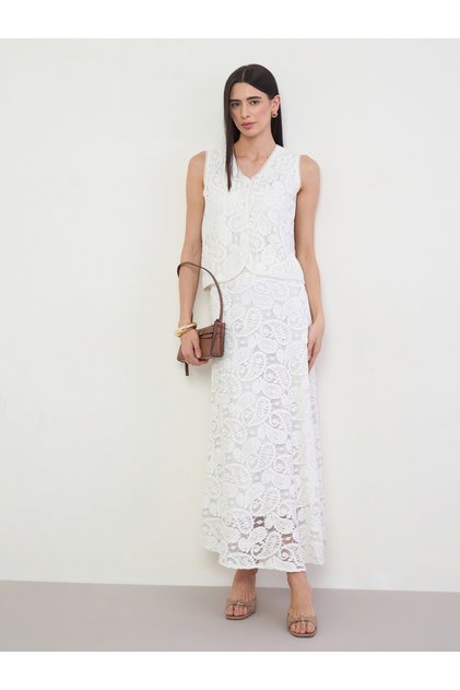 Off White Paisley Lace A-Line Maxi Skirt