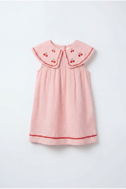 Girl's Cotton Pink Cherry Embroidered Dress