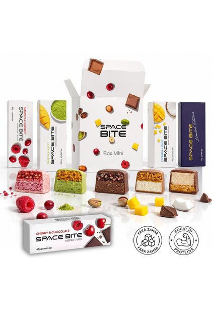 Batoane proteice fara zahar adaugat, 45 g, set 5 batoane bogate in proteine, 5 arome naturale, visina-ciocolata, zmeura- merisoare, mango-cocos, mango-matcha, ananas-vanilie