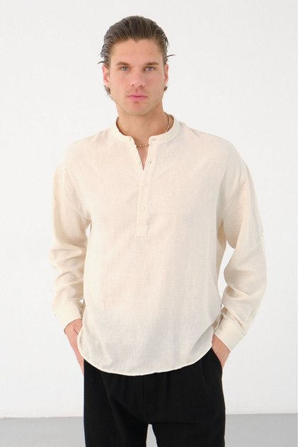 Men's Linen Hakim Collar Half Placket Buttoned Shirt