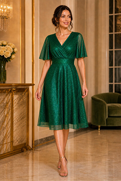 IILTI Women's Butterfly Sleeve Double Breasted Collar Glitter Lined  Special Design Green Evening Dress- Trendyol