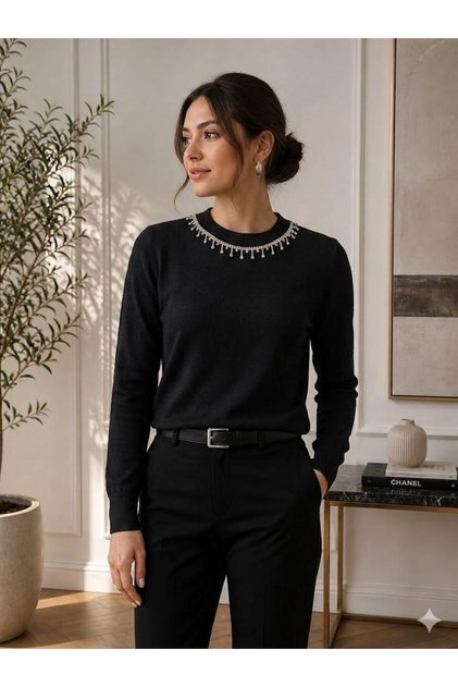 Long Sleeve Crew Neck Sweater with Stone Detail