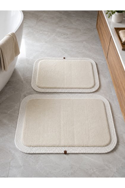 Premium Plush Jute Edge Detailed Non-Slip Base 2-Piece Bath Mat Set 90X60 & 50X70