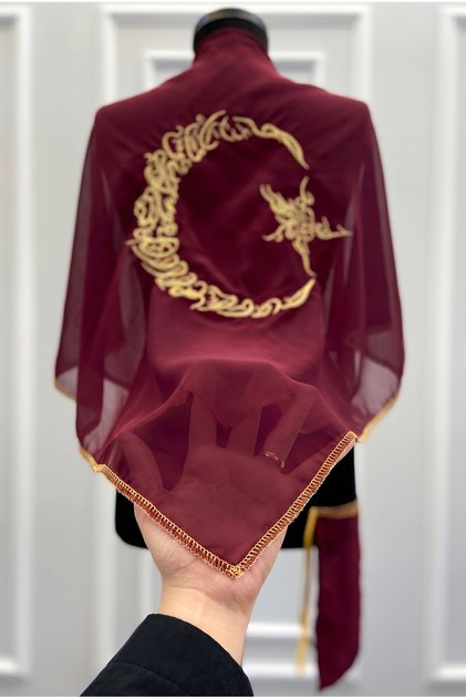 Square Burgundy Chiffon Groom Shoulder Cover, Gold Star and Moon Embroidery with Shimmering Edges, Groomsmen Bridesmaid Henna Soldier Veil