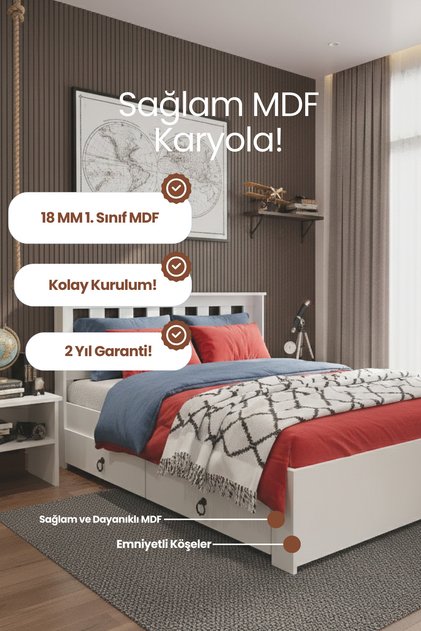 Stark Tek Kişilik 2 Çekmeceli Modern Karyola - 1. Sınıf 18 mm MDF ve Tekerlekli Depolama Alanlı Karyola