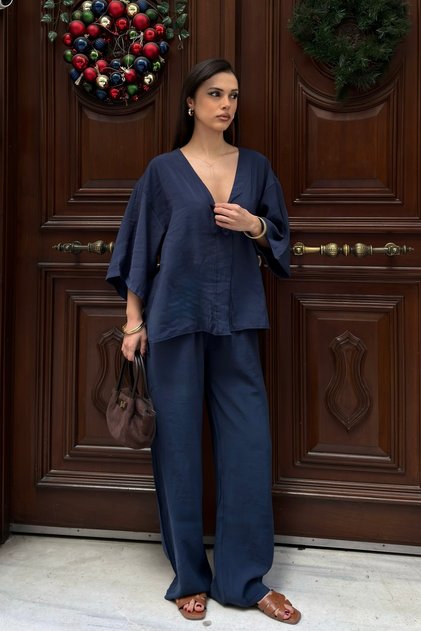 Women's Comfortable Fit V-Neck Shirt Pants Modal Woven Bottom Top Set