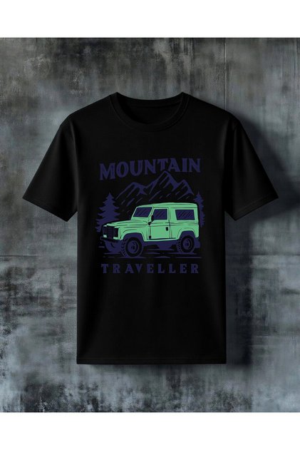 تي شيرت مطبوع عليه mountain traveller yesil jeep مقاس كبير