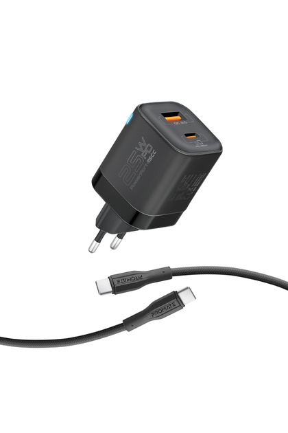 Dual Port Charger with 25W USB-C PD, 18W QC 3.0 USB Port, EU 2-pin plug, Dual Type-C 60W PD Cable, PowerPort-25CC