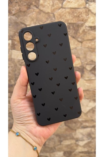 Samsung Galaxy S24Fe Compatible Mini Black Heart Patterned Silicone Shock Absorbing Classic Protected Rubber Case