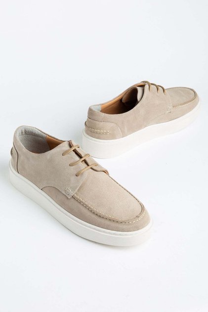 Genuine Leather Suede Men's Casual Shoes Beige White Sole with 3 Tied Straps