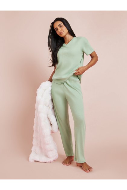 Green Rib V Neck Drop Shoulder T-Shirt and Pyjama Set