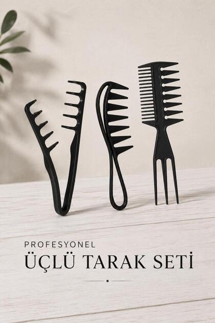 3'lü Profesyonel Siyah Tarak Seti Kuaför Tipi Saç Açma Ve Şekillendirme Tarak Seti