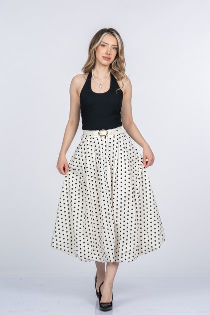 Women's Summer Ecru Monica Polka Dot Patterned Belted Balloon Skirt Stylish Daily Comfortable 6900