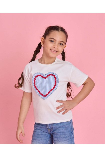 Girls White Heart Embellished T Shirt