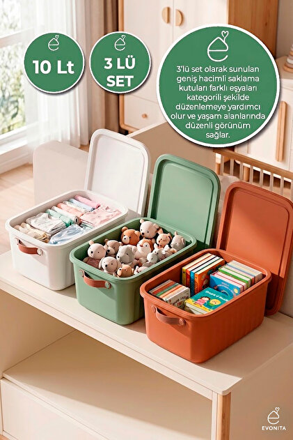 EVONİTA Dekoratif Saklama Kutusu 3lü Kapaklı Organizer Banyo