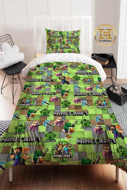 BAHCE MINECRAFT 155x220 Nevresim ve 50x70 Yastık Kılıfı ( Kişiye Özel )