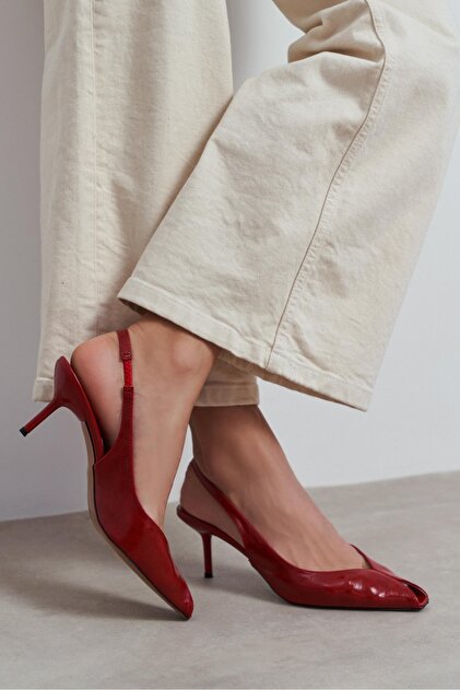 その2☆ADA☆ NİŞANTAŞI SHOES Aden Kırmızı Rustik Desenli Önü Açık Sivri Burun