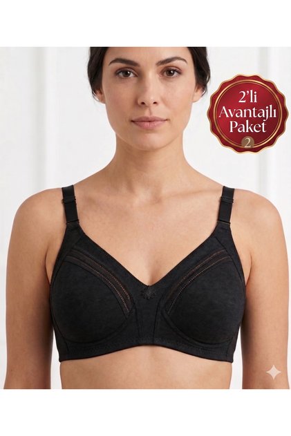 Advantageous Pack of 2 Gathered Black Combed Cotton Bra with Interlacing
