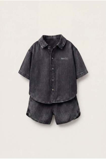 Children's Cotton Smoked Washed Denim Oversize Shirt Shorts Set