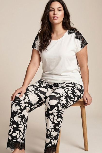 Ecru Patterned Large Size Oversized Viscose Knitted Pajama Set