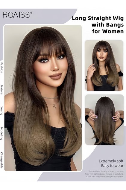 Long Straight Wig with Bangs for Women, Slightly Curly Hair Ends, Natural Soft Synthetic Heat Resistant Hair Wig for Wedding Cosplay Party Daily Wear (60cm, Brown)