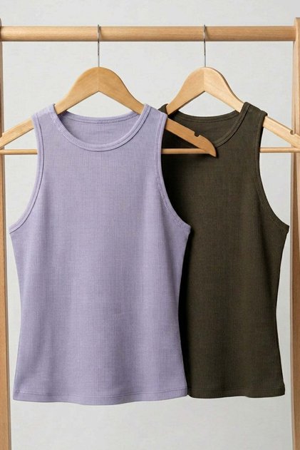 2 Pieces of Ribbed Fitted Viscose Blended Strappy T-Shirt