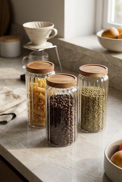 Set of 3 1.4 Liter Borosilicate Glass Jars with Bamboo Lids Ckr4545