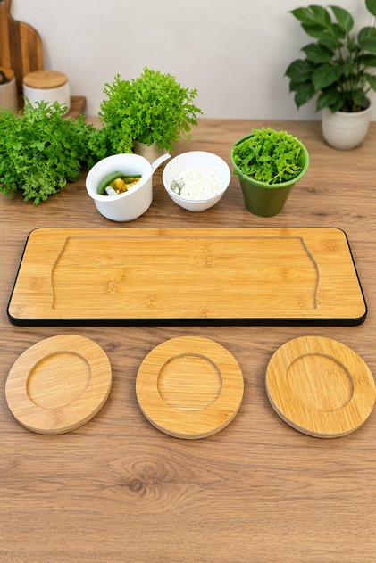 Bamboo Presentation Tray and Set of 3 Coasters | Natural Wooden Tea and Coffee Serving Tray | Stylish Presentation Stand