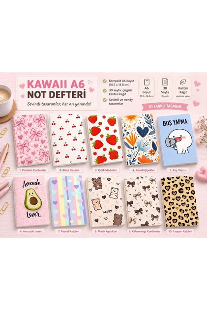 Kawaii 10'lu Karışık Model A6 Çizgisiz Defter (10adet)