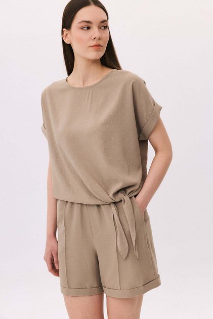 Blouse with stone front and tied hem