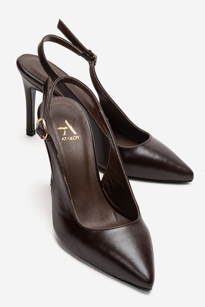 Kadın Hakiki Deri Yüksek Topuklu Arkası Açık Sivri Burunlu Stiletto Ayakkabı Kahve
