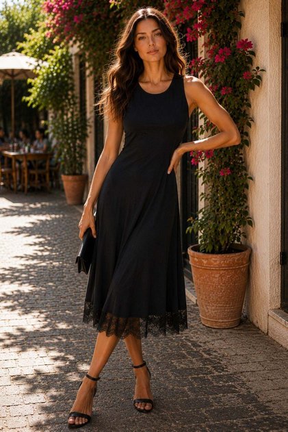 Rochie midi cu bretele, decolteu rotund, cu tiv din dantelă - Negru