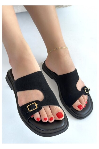  Bellamor Women's Asymmetrical Strappy Buckle Casual Suede Slippers