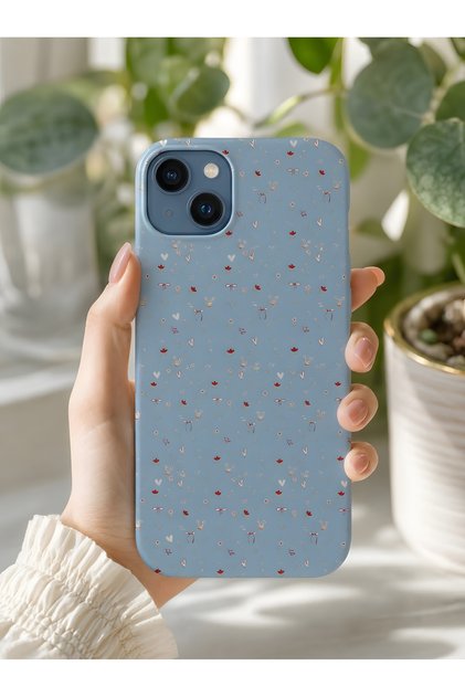 iPhone 15 Compatible Premium Silicone Daisy and Tiny Flowers Patterned Anti-Shock Case Blue