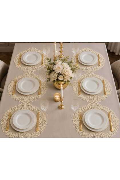 French Lace Supla Set for 6 People Gold Glitter Cream