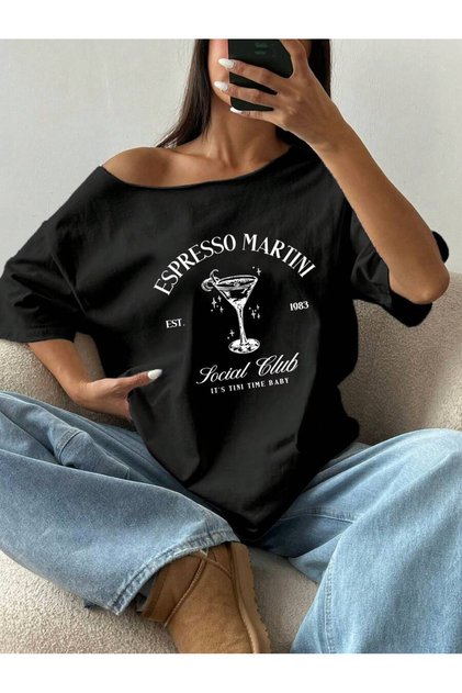 Women's Espresso Printed Boat Neck Off Shoulder 100% Cotton T-Shirt