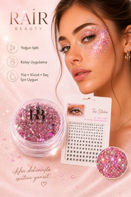 Glitter Far Jel Far Pembe Renk ve Süsleme Taşı Set